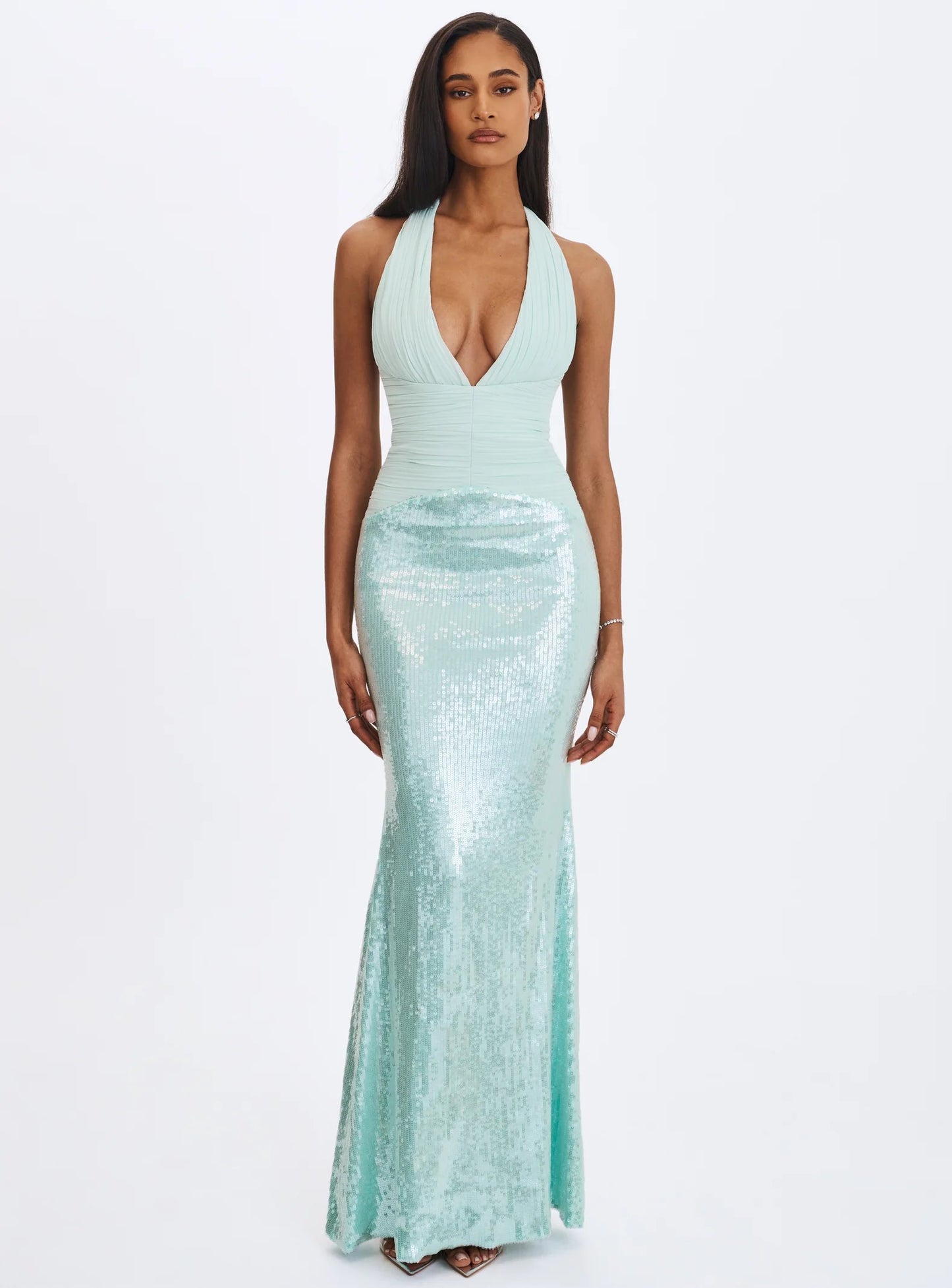 Sexy Halter Deep V Sequin Waist-Cinched Floor-Length Maxi Dress