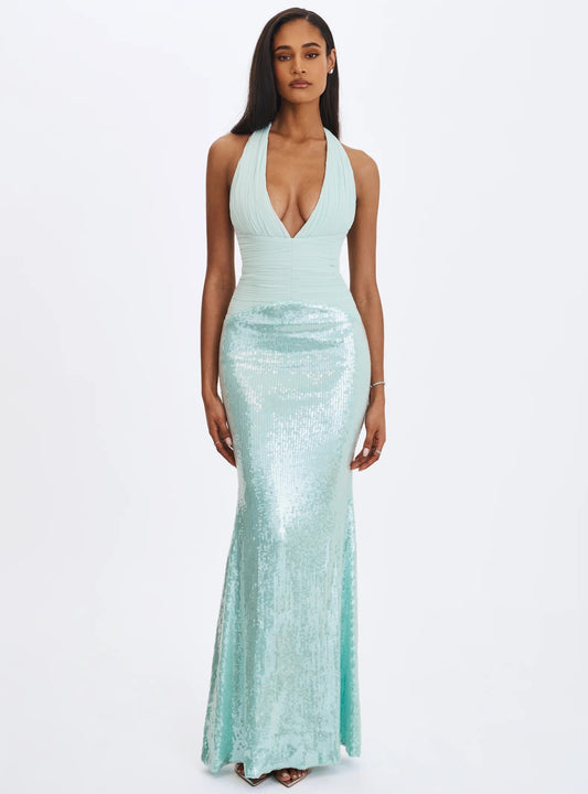 Sexy Halter Deep V Sequin Waist-Cinched Floor-Length Maxi Dress