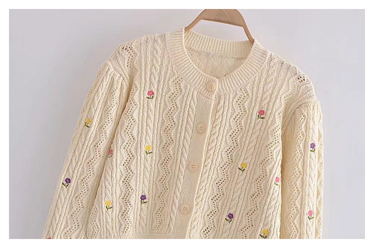 Flower embroidery round neck knitted sweater cardigan coat  7303