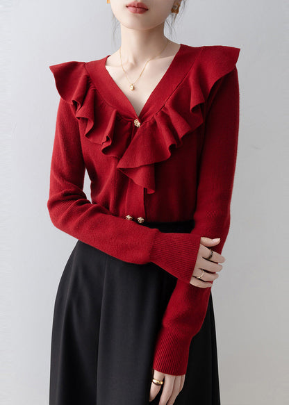 Style Red V Neck Ruffled Knit Shirts Spring