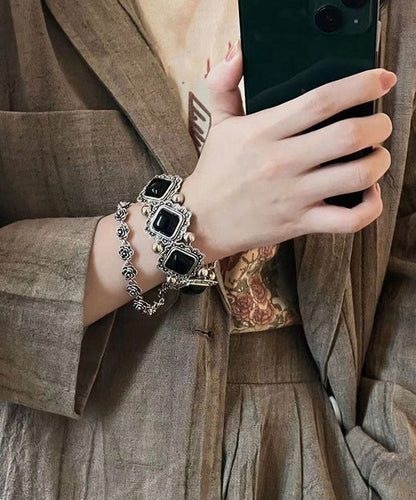 Modern Black Sterling Silver Gem Stone Floral Two-Piece Set Chain Bracelet