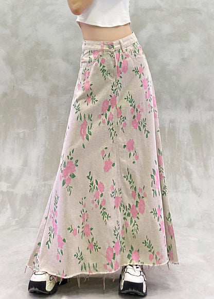 Vintage Print Pockets High Waist Denim Skirt Summer