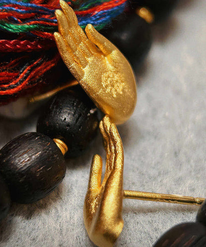 Chinese Style Ancient Method Silver Gold-Plated Fearless Buddha's Seal Stud Earrings