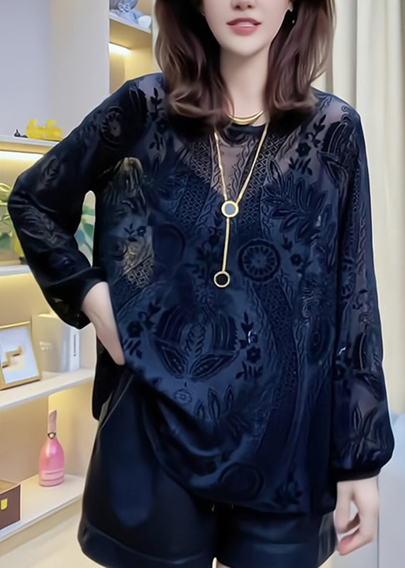 Casual Hollow Out Lace Shirt Black V Neck Spring
