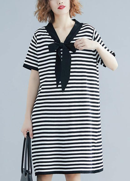 Beautiful Black White Narrow Striped Short Sleeve Summer Cotton Dress