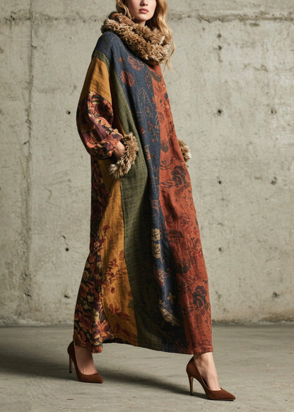 Vintage Print Patchwork Faux Fur Maxi Dresses Fall