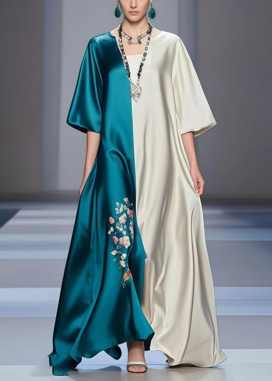 Chic Colorblock Oversized Patchwork Silk Maxi Dresses Summer