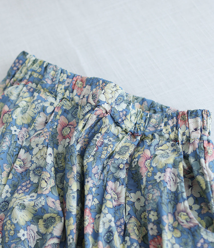 Literary Pleated Elastic Waist Floral A-Line Skirt