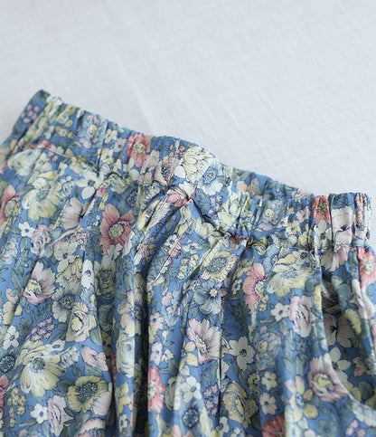 Literary Pleated Elastic Waist Floral A-Line Skirt