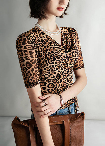 Fashion Leopard V Neck Cinched Tulle Tops Summer