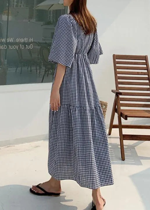Style v neck Ruffles linen cotton summer quilting dresses Work plaid Dress