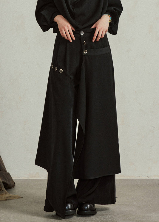 Modern Black Asymmetrical Button Pockets Cotton Pants Fall
