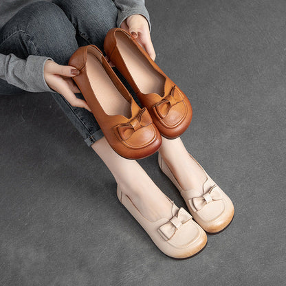 Spring Summer Women Retro Leather Bowknot Loafers