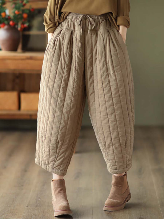Women Striped Solid Pocket Elastic Waist Harm Pants