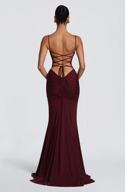 Spaghetti Strap Ruched Lace-Up Back Mermaid Gown