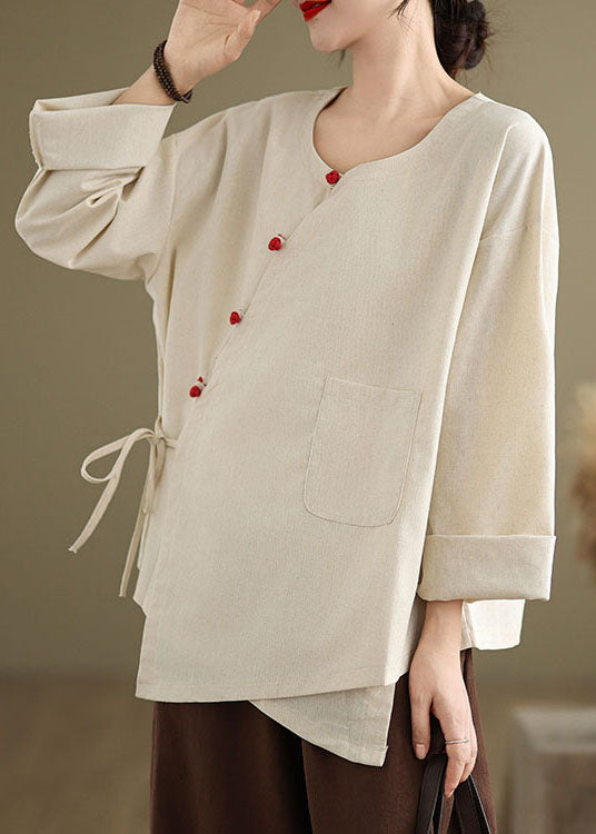 Vintage Beige O Neck Lace Up Patchwork Cotton Blouse Top Spring