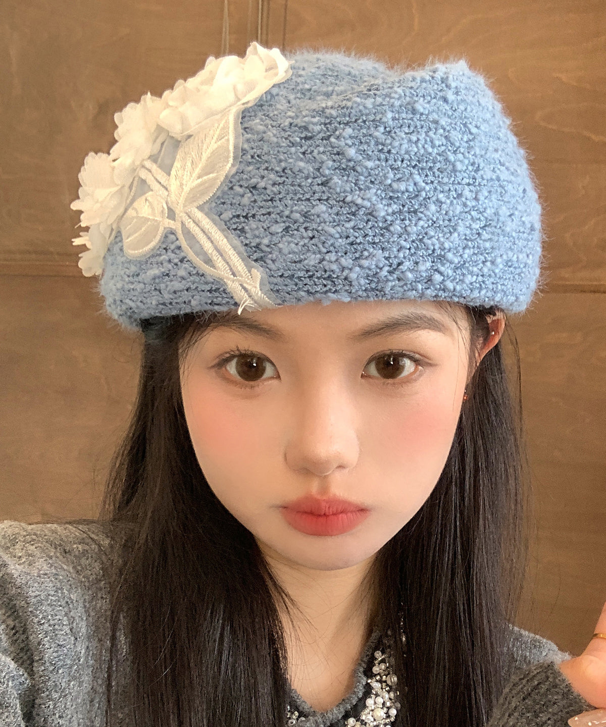 Japanese Style Blue Sweet Flower Blue Knitted Beret Hat