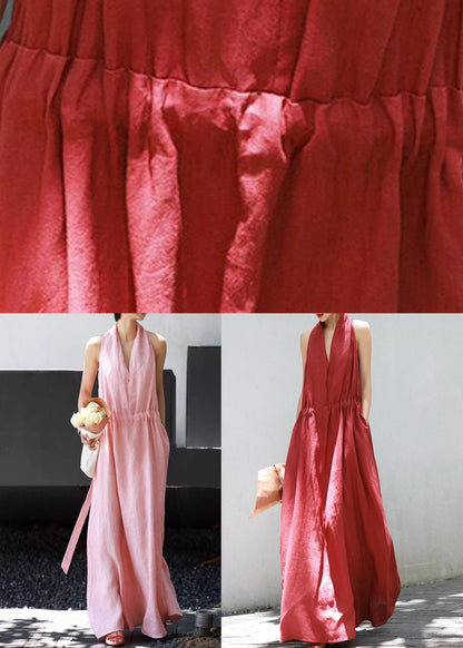 Red Lace Up Solid Cotton Long Dress V Neck Summer