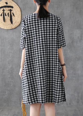DIY o neck half sleeve cotton linen Wardrobes Outfits black plaid Dresses summer