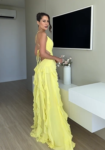Ruffle Split Thigh Party Gown