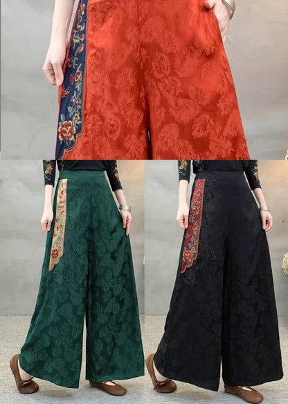 Ethnic Style Black Embroidered Patchwork Silk Pants Spring