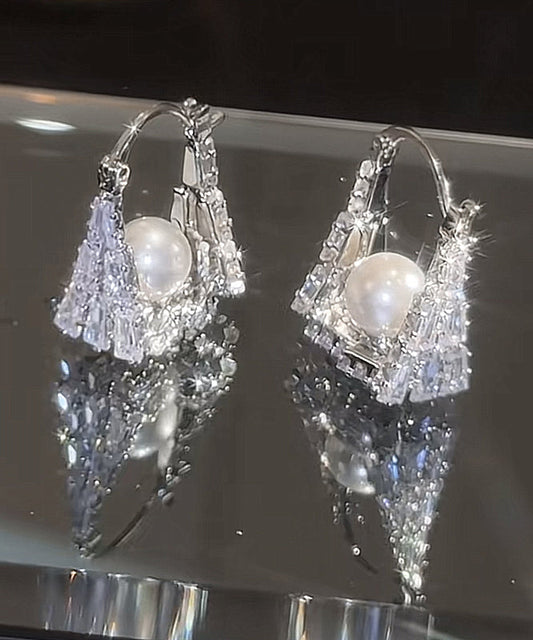 Fine Silk Sterling Silver Zircon Pearl Handbag Hoop Earrings
