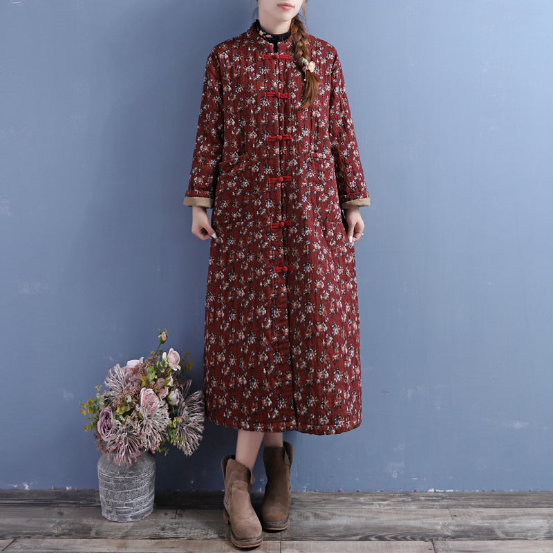 Winter Retro Floral Quilted Cotton Linen Dress