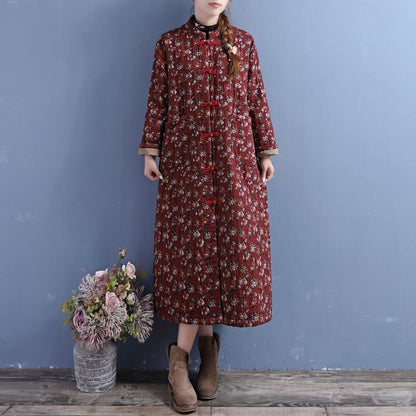 Winter Retro Floral Quilted Cotton Linen Dress