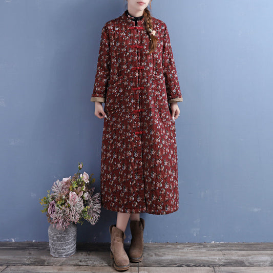Winter Retro Floral Quilted Cotton Linen Dress