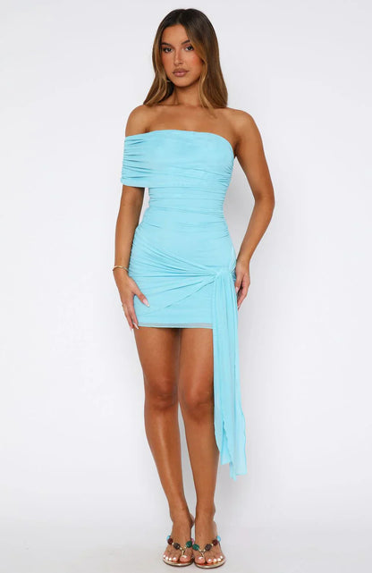 All Mixed Up One Shoulder Mini Dress Blue
