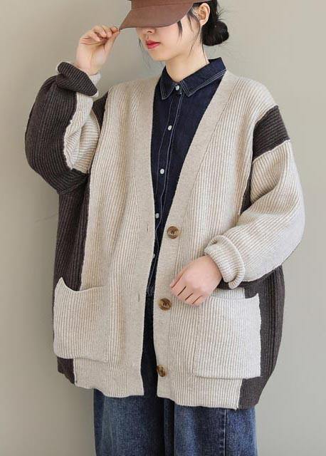 Aesthetic  Beige Knit Tops Plus Size V Neck Button Down Knitted Clothes