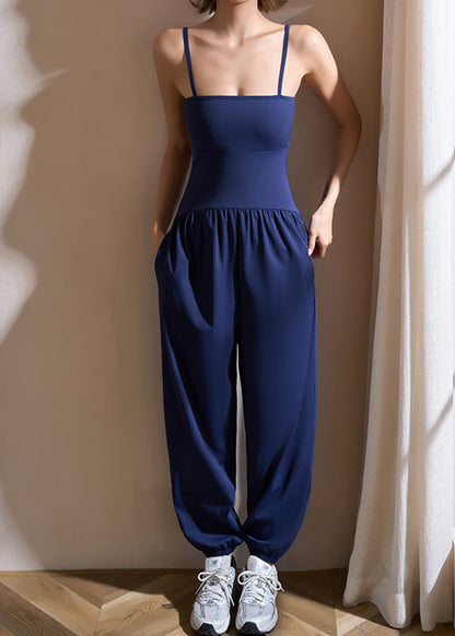 Simple Navy Blue Slash Neck One Piece Workout Suit