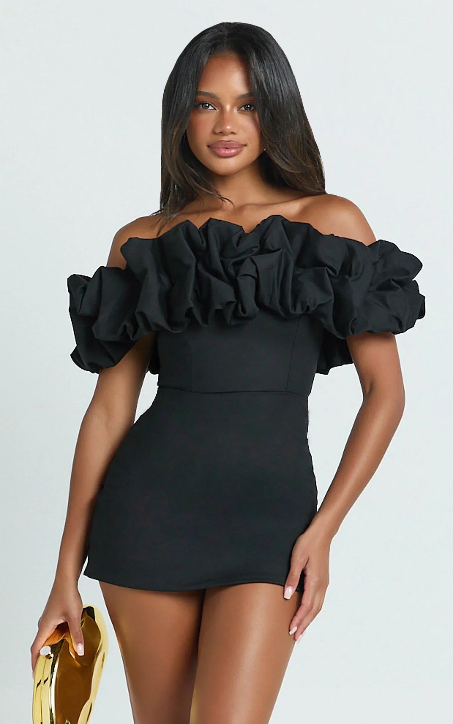 Coraline Mini Dress - Ruffle Off Shoulder Fitted Dress In Black