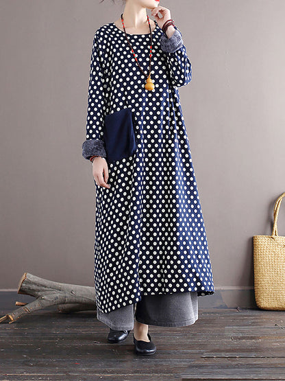 Women Vintage Dot Pocket Loose Thick Dress