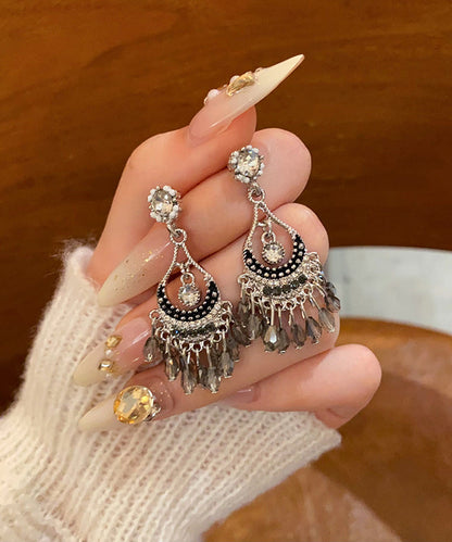 Vintage Silk Alloy Crystal Zircon Wind Chime Tassel Drop Earrings