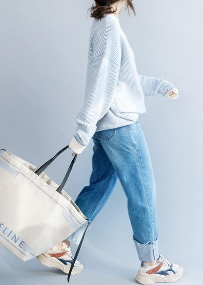 Pullover winter blue white striped knit sweat tops casual high neck crane tops