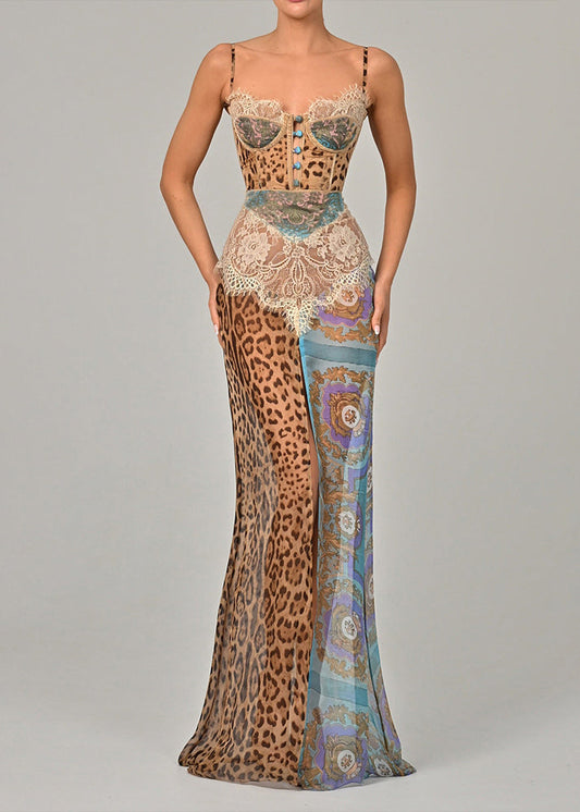 Sexy Blue Leopard Lace Patchwork Chiffon Spaghetti Strap Dress Sleeveless