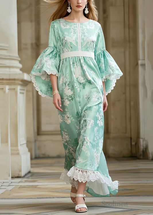 Casual Light Green Print Tunic Patchwork Lace Party Dress Flare Sleeve