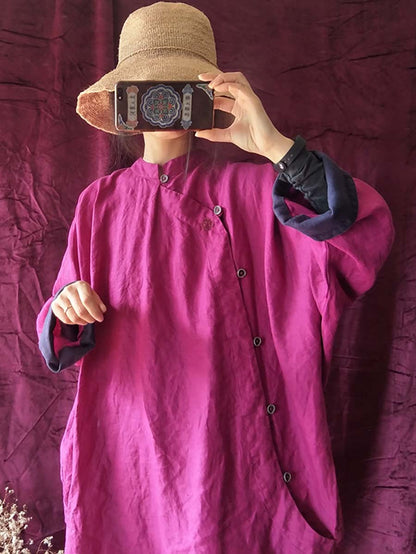 Vintage Solid Embroidery Linen Breasted Loose Dress