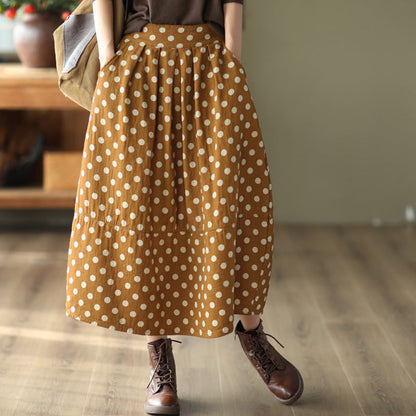 Vintage Printed Cotton And Linen Slim Elastic Waist A-Line Skirt