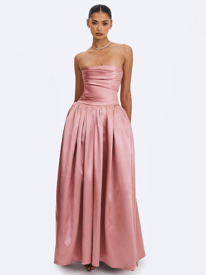 Willette Deep Rose Satin Strapless Gathered Maxi Dress