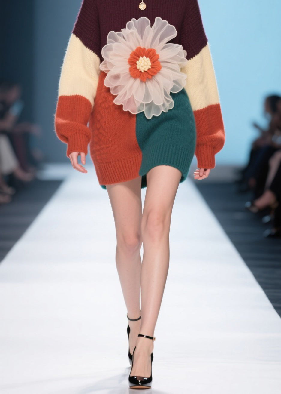 Boutique Colorblock O Neck Floral Knit Sweater Dress Fall