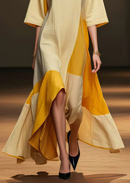 DIY Light Yellow Asymmetrical Patchwork Silk Party Dress Summer