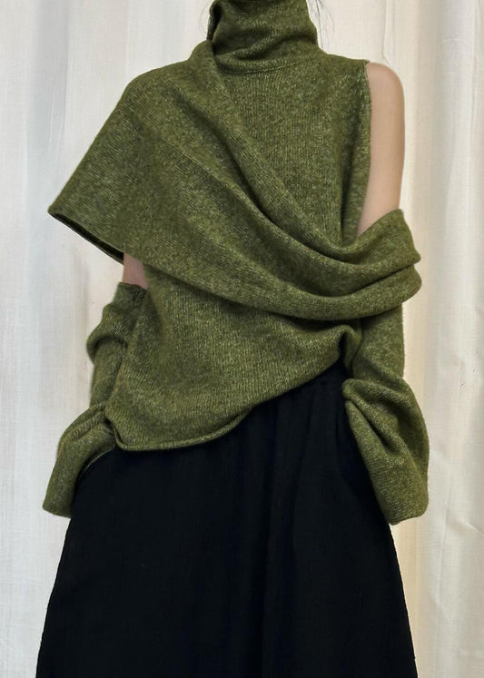 Green Asymmetrical Solid Knit Sweater Turtleneck Winter