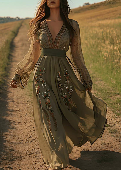 Beautiful Green V Neck Print Cotton Maxi Dresses Spring