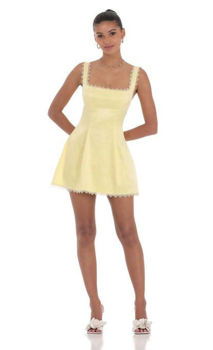 Satin Embroidered Fit and Flare Dress in Yellow