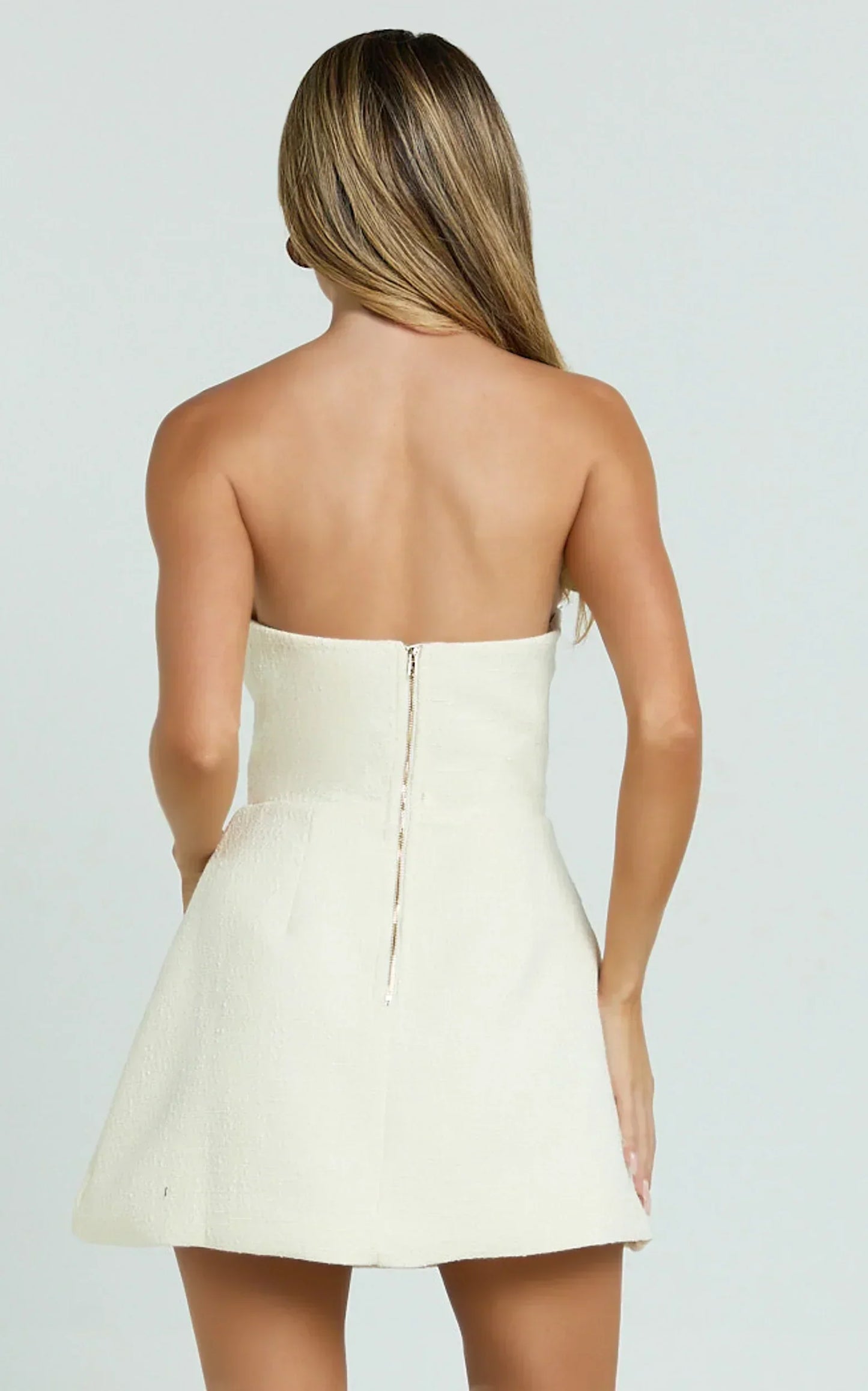 Alodia Mini Dress Boucle Strapless Tulip Skirt Dress in Cream
