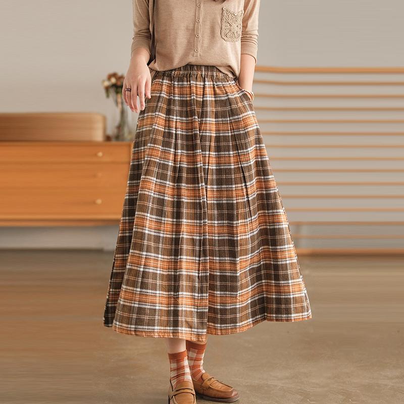 Women Plaid Pocket A-Line Vintage Elastic Waist Skirt