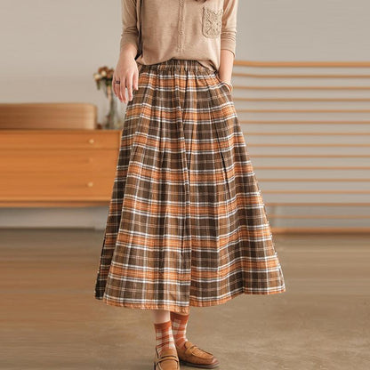 Women Plaid Pocket A-Line Vintage Elastic Waist Skirt