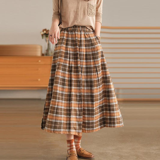 Women Plaid Pocket A-Line Vintage Elastic Waist Skirt